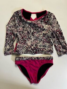 Zella Girls Swim Set in Magenta and Black with Abstract Print